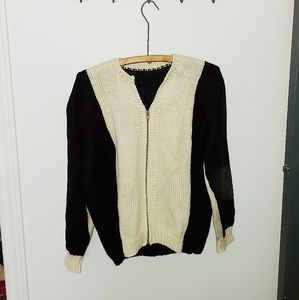 Vintage hand knit Cowichan Style colorblock zip up sweater